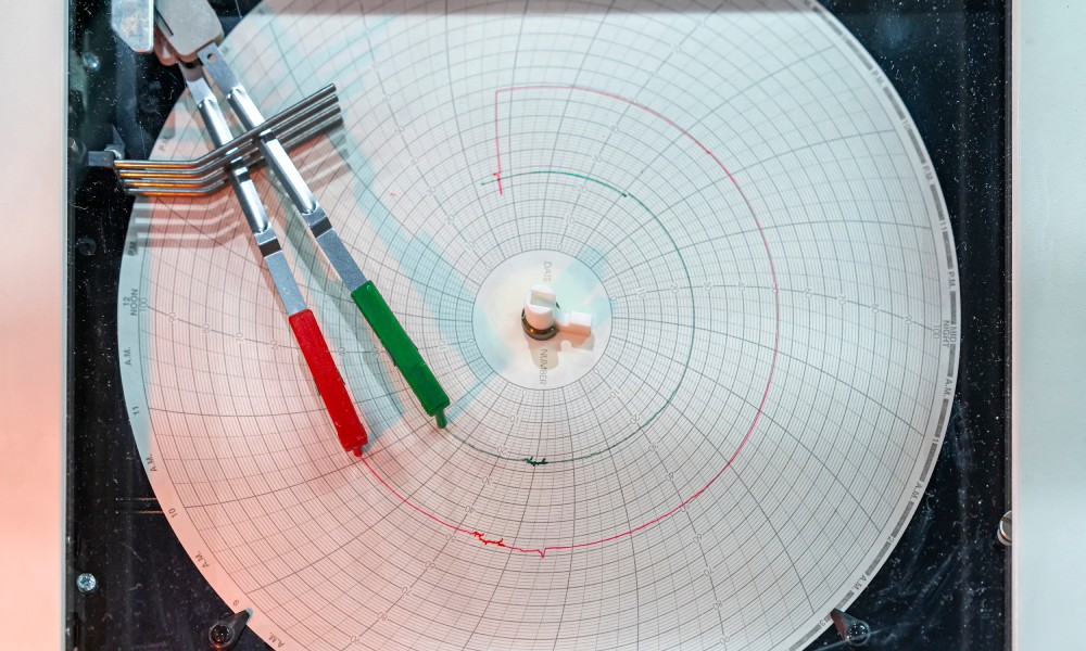 A green and a red pen document temperature data on circular chart recorder paper to prevent fluctuations.