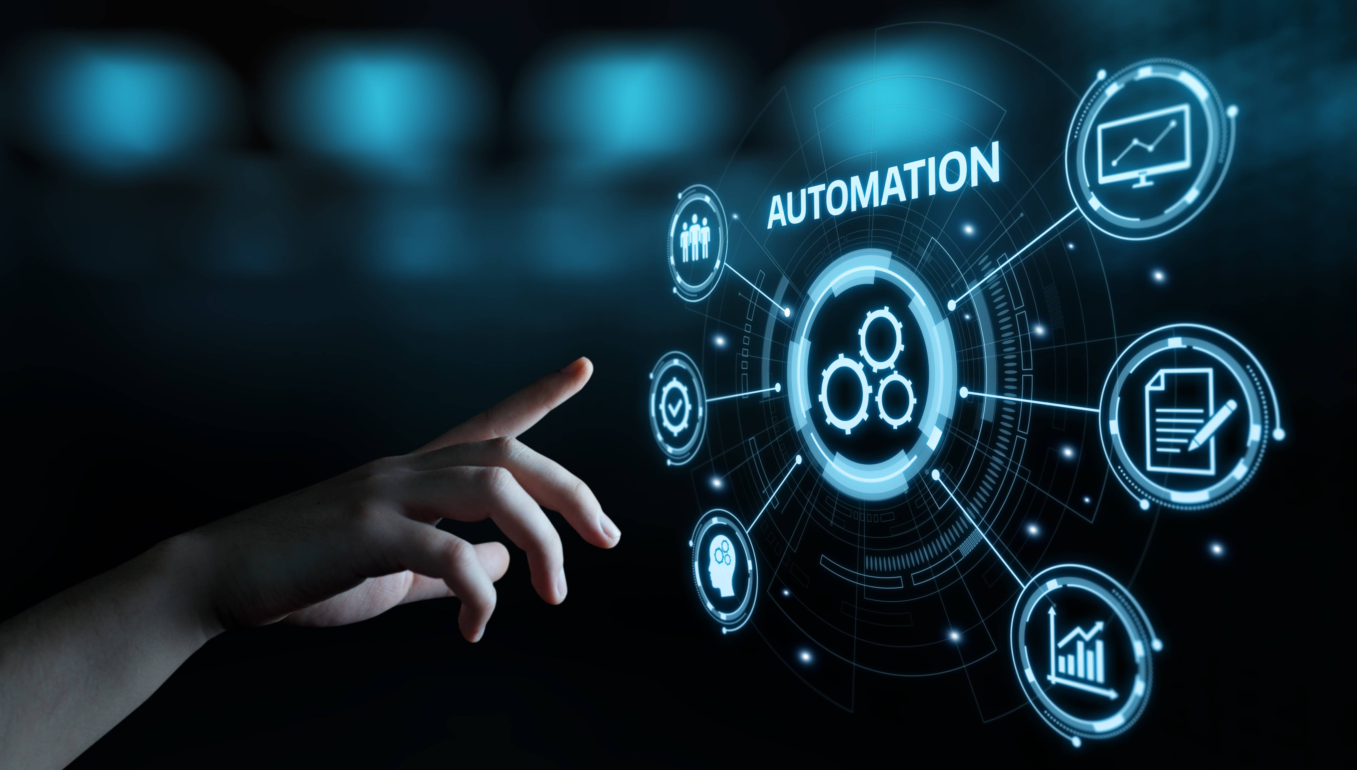 A hand pointing to an overlay with the word "automation" at the top. Six automation concepts surround the middle image.