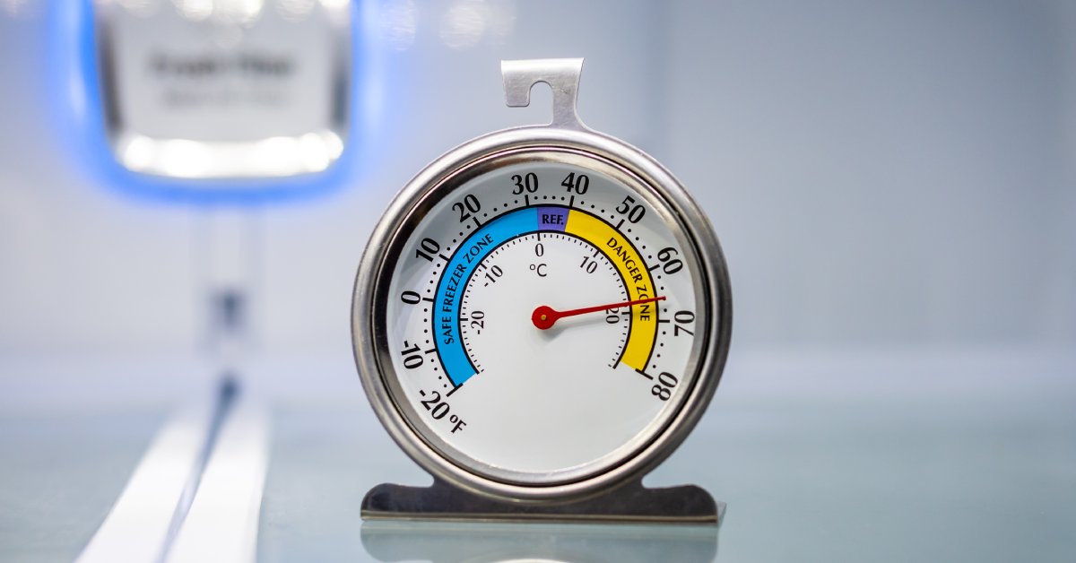 A refrigerator thermometer has three settings: safe freezer zone, REF., and danger zone. The dial points to the danger zone.