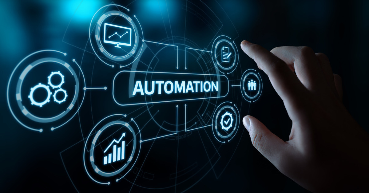 A hand reaching toward a series of graphics. The word "automation" is in the middle, surrounded by six interconnected graphics.