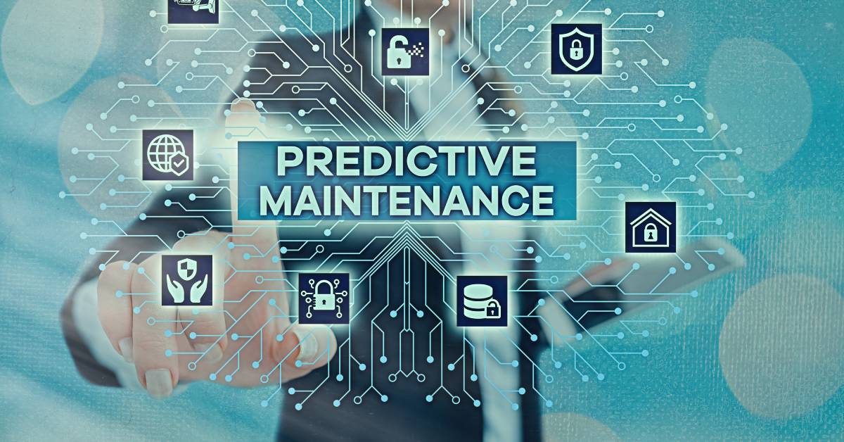 A man’s hand touches a graphic. The middle box reads 'Predictive Maintenance' and has other graphics surrounding it.