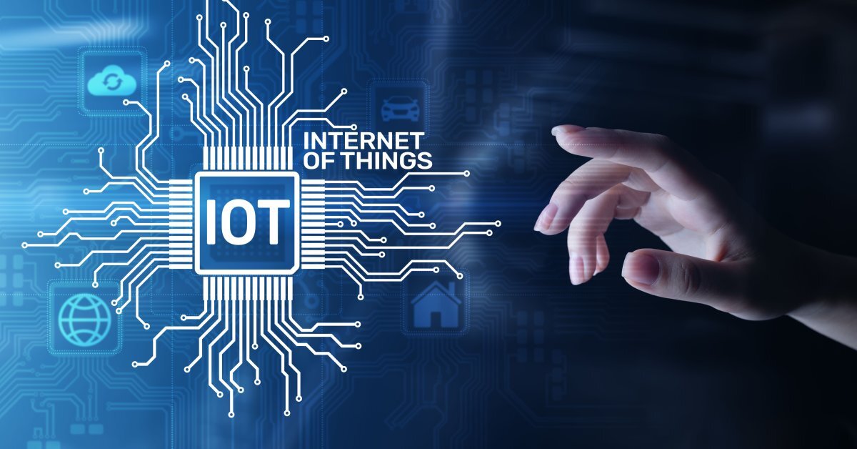 A square contains the letters IOT. Squiggly lines connect several IT-related graphics and the words Internet of Things.