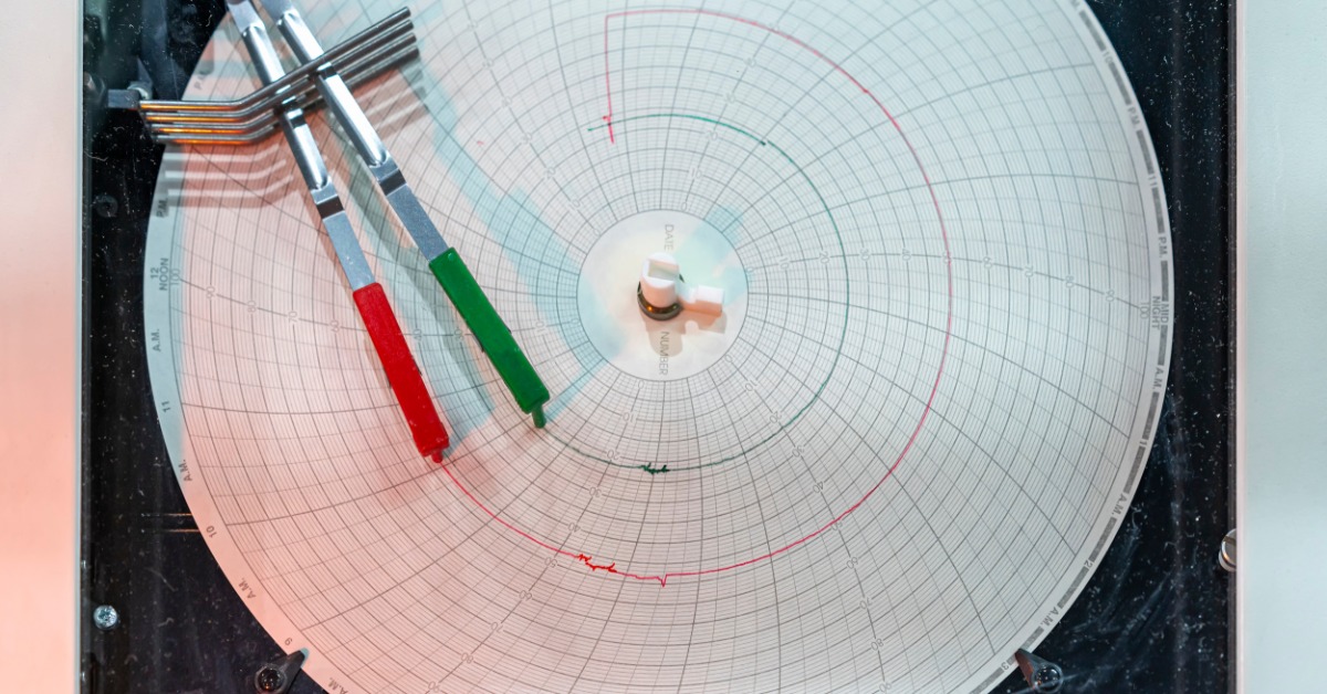 A close-up of a circular chart recorder with a green pen and a red pen. There are recordings on about two-thirds of the paper.