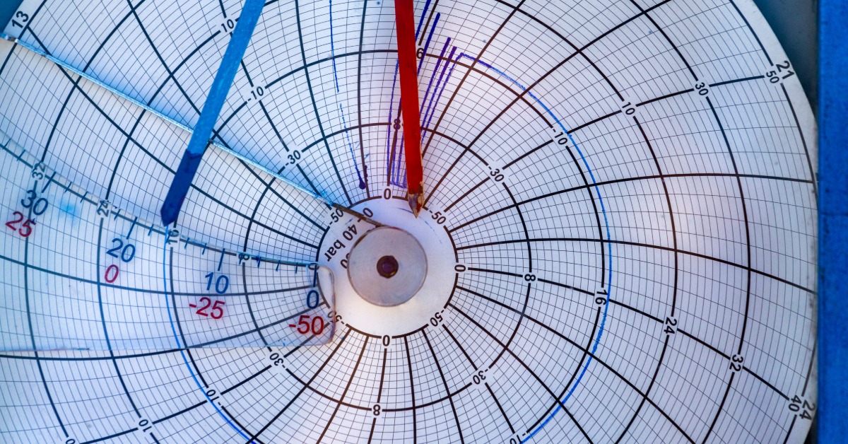 A close-up of a circular chart recorder with circular graph paper and blue and red pens. There are blue marks on the paper.